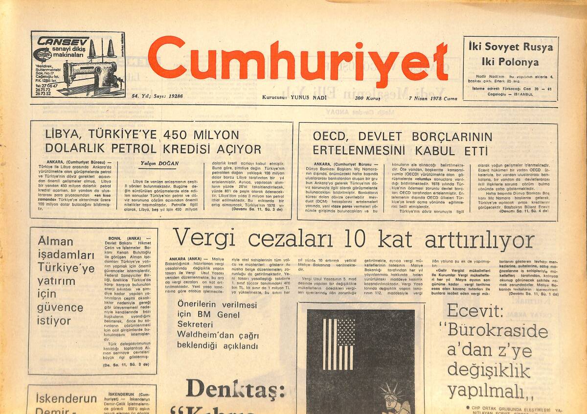 Cumhuriyet Gazetesi 7 Nisan 1978 - Vergi Cezaları 10 Kat Arttırılıyor - Rauf Denktaş: Kıbrıs Önerileri Hazır, Çağrı Bekliyoruz! GZ143248 - 1