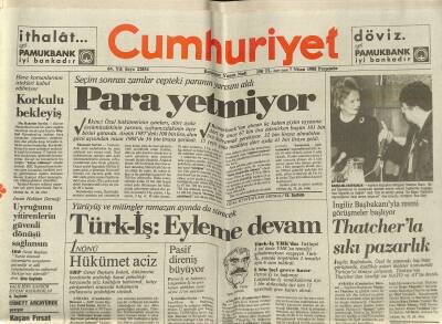 Cumhuriyet Gazetesi 7 Nisan 1988 - Metris Ve Kartalda Kaçak Avı - ANAP , Mecliste Yandaş Arıyor GZ123139 - 1