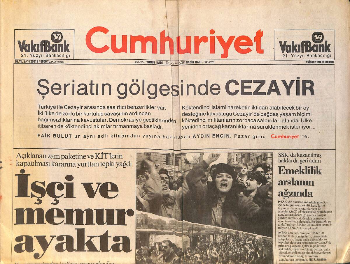 Cumhuriyet Gazetesi 7 Nisan 1994 - Çiller Hükümeti İşverene Kıyamadı - Galatasaray Kupa Maçında Beşiktaş İle Berabere Kaldı GZ158959 - 1