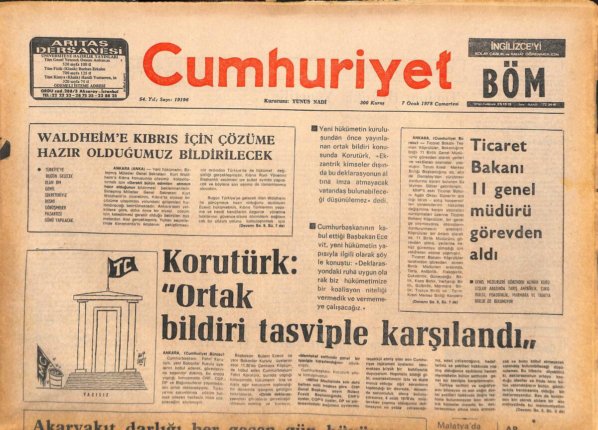 Cumhuriyet Gazetesi 7 Ocak 1978 - Ticaret Bakanı 11 Genel Müdürü Görevden Aldı - Koskoca Başbakan Gitti! GZ143212 - 1