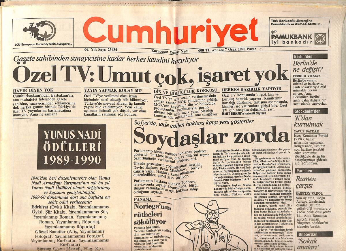 Cumhuriyet Gazetesi 7 Ocak 1990 - Beşiktaş , Fenerbahçe'yi Ezdi Geçti - Özel TV : Umut Çok , İşaret Yok GZ157213 - 1