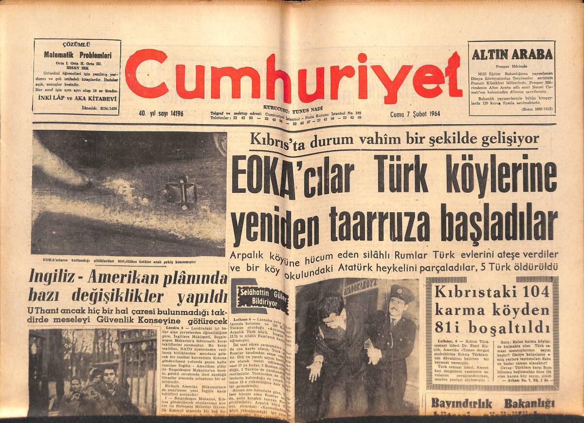 Cumhuriyet Gazetesi 7 Şubat 1964 - EOKA'CILAR Türk Köylerine Yeniden Taaruza Başladılar - Güreş Kulüplerine Yardım İçin Karar Çıktı! GZ139937 - 1