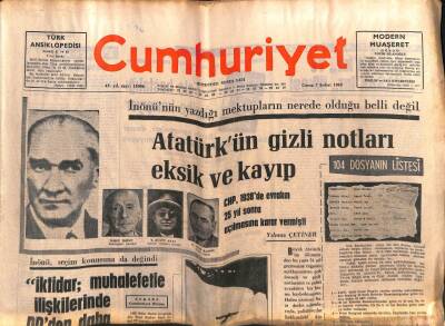 Cumhuriyet Gazetesi 7 Şubat 1969 - Atatürkün Gizli Notları Eksik Ve Kayıp GZ82513 - 1