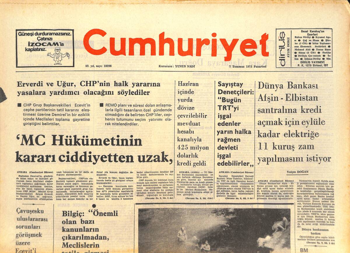 Cumhuriyet Gazetesi 7 Temmuz 1975 - Yücel Çakmaklı Ne Yapacak? - MC Hükümetinin Kararı Ciddiyetten Uzak! GZ143253 - 1