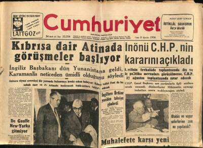 Cumhuriyet Gazetesi 8 Ağustos 1958 - İngiliz Başbakanı Dün Yunanistana Geldi , Karamanlis Neticeden Ümidli Olduğunu Söyledi GZ98043 - 1