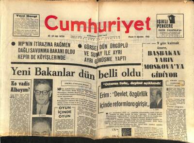 Cumhuriyet Gazetesi 8 Ağustos 1965 - Ürgüplüye Sükanın Vekalet Edeceği Resmen Açıklandı GZ85549 - 1