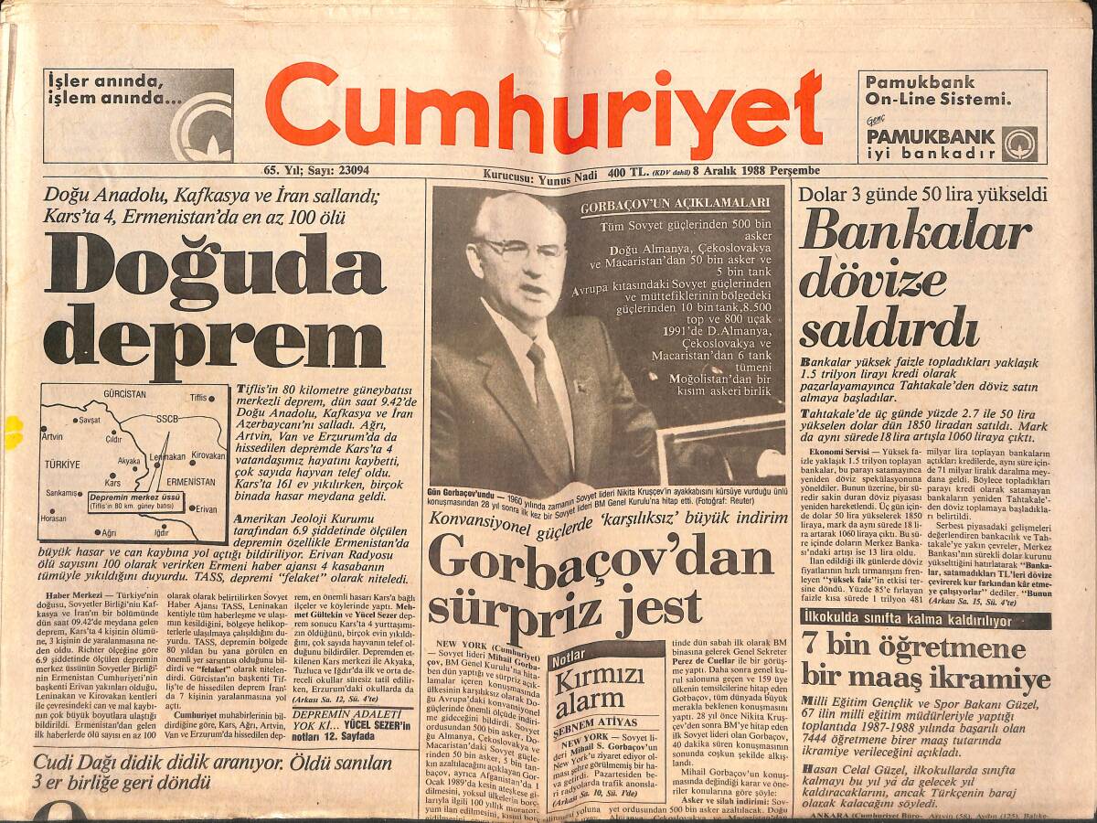 Cumhuriyet Gazetesi 8 Aralık 1988 - Doğu'da Deprem - Naim Süleymanoğlu , Beyaz Saray'da GZ149416 - 1