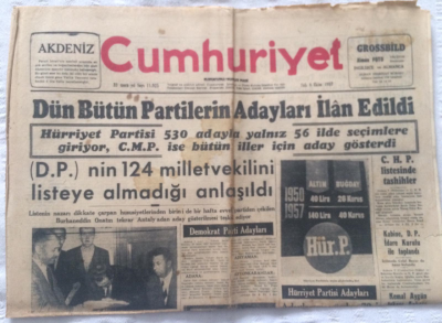 Cumhuriyet Gazetesi 8 Ekim 1957 - Dün Bütün Partilerin Adayları İlan Edildi - GZ19383 - 1
