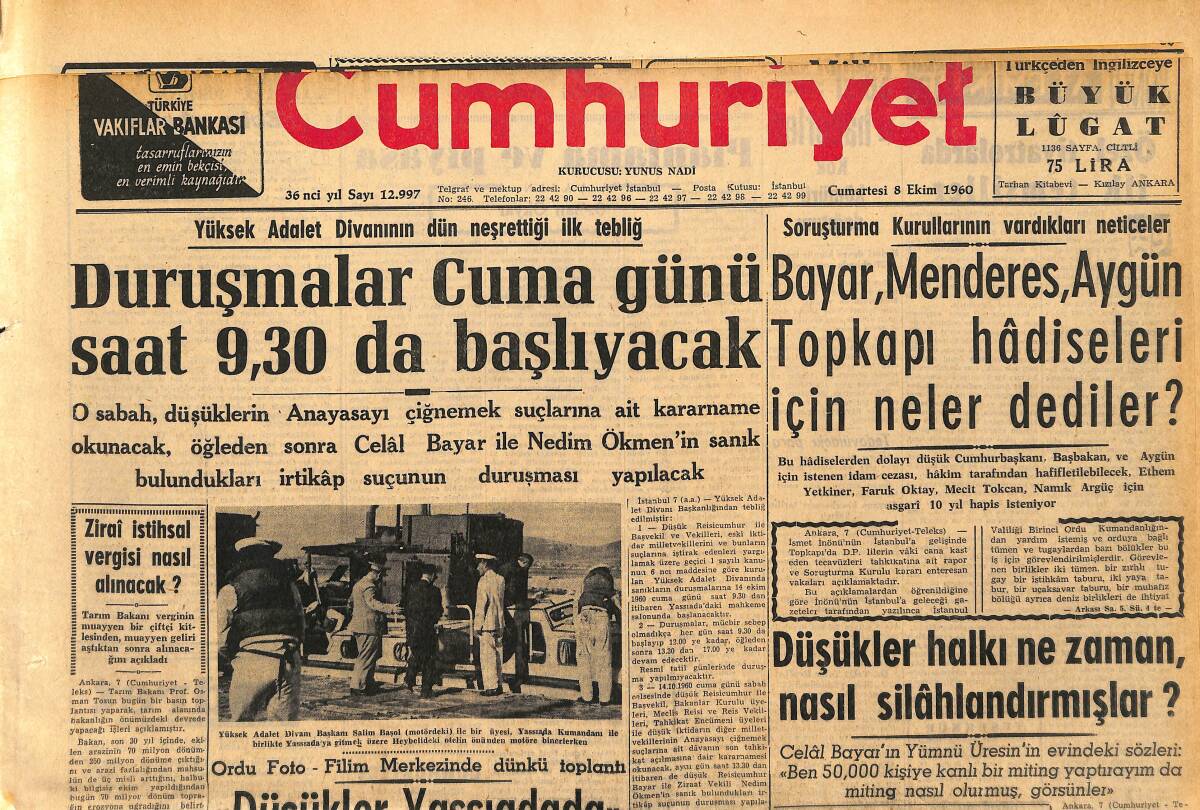 Cumhuriyet Gazetesi 8 Ekim 1960 - Bayar, Menderes, Aygün Topkapı Hadiseleri İçin Neler Dediler - Brigitte Bardot Son Filminde GZ152550 - 1
