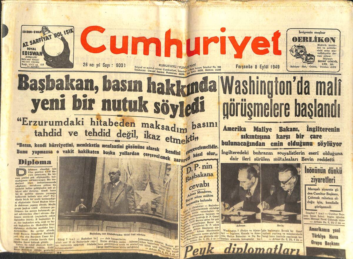 Cumhuriyet Gazetesi 8 Eylül 1949 - Başbakan, Basın Hakkında Yeni Bir Nutuk Söyledi - Celal Bayar'la İngiliz Büyük Elçisi Arasında Konuşma GZ142334 - 1