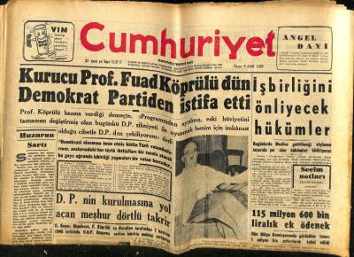Cumhuriyet Gazetesi 8 Eylül 1957 - Kurucu Prof. Fuat Köprülü Demokrat Partiden İstifa Etti GZ59324 - 1