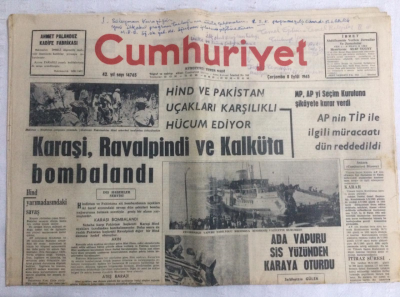 Cumhuriyet Gazetesi 8 Eylül 1965 - Karaşi,Ravalpindi Ve Kalküta Bombalandı - GZ19101 - 1