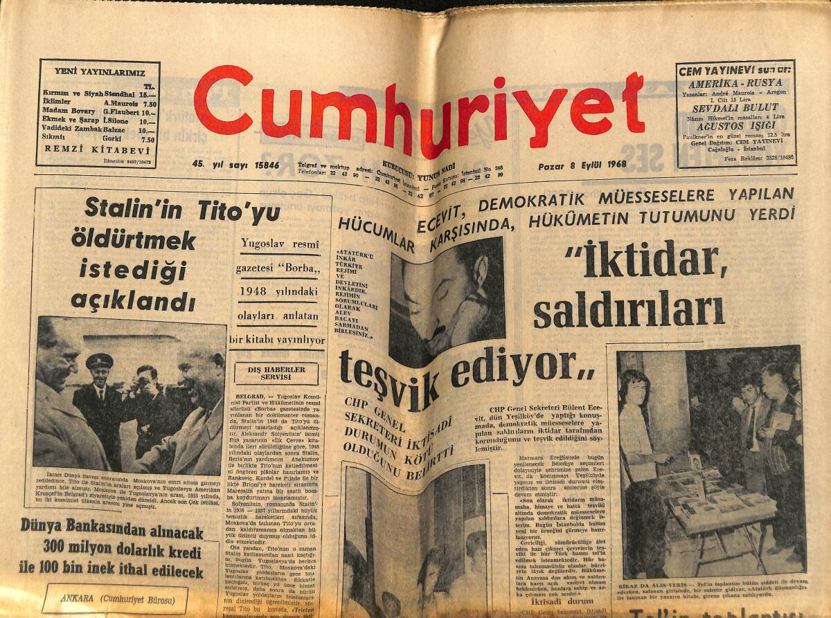 Cumhuriyet Gazetesi 8 Eylül 1968 - Kiesinger Efes Ve Meryem Ana'yı Ziyaret Etti - Stalin'in Tito'yu Öldürtmek İstediği Açıklandı GZ148834 - 1