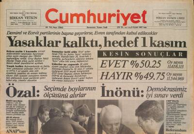 Cumhuriyet Gazetesi 8 Eylül 1987 - Erbakan Erken Seçime Karşı Çıktı - 10 Saatte Süper Jetle Dünya Turu GZ126841 - 1