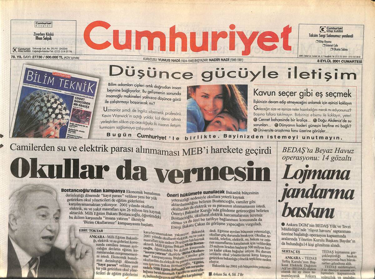 Cumhuriyet Gazetesi 8 Eylül 2001 - 12 Dev Adam Bu Kez Final İçin Oynuyor - Tan Oral'a Ödül GZ151671 - 1