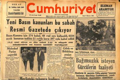 Cumhuriyet Gazetesi 8 Haziran 1956 - Rusya Mısıra İki Destroyer Yolladı - Yeni Basın Kanunları Bu Sabah Resmi Gazetede Çıkıyor GZ119793 - 1
