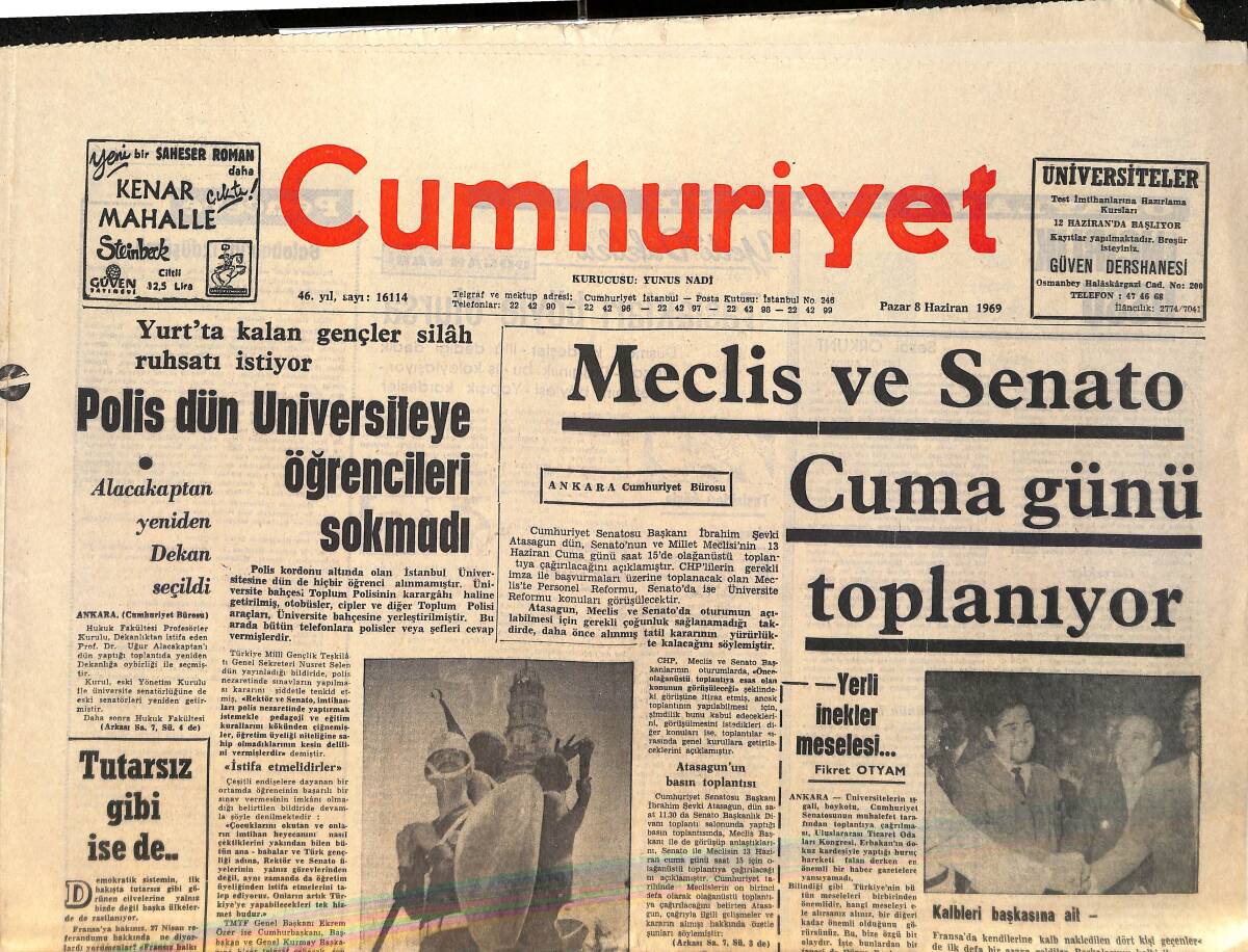 Cumhuriyet Gazetesi 8 Haziran 1969 - Bursa Şenliği Tehlikeye Girdi - Meclis Ve Senato Cuma Günü Toplanıyor GZ161200 - 1