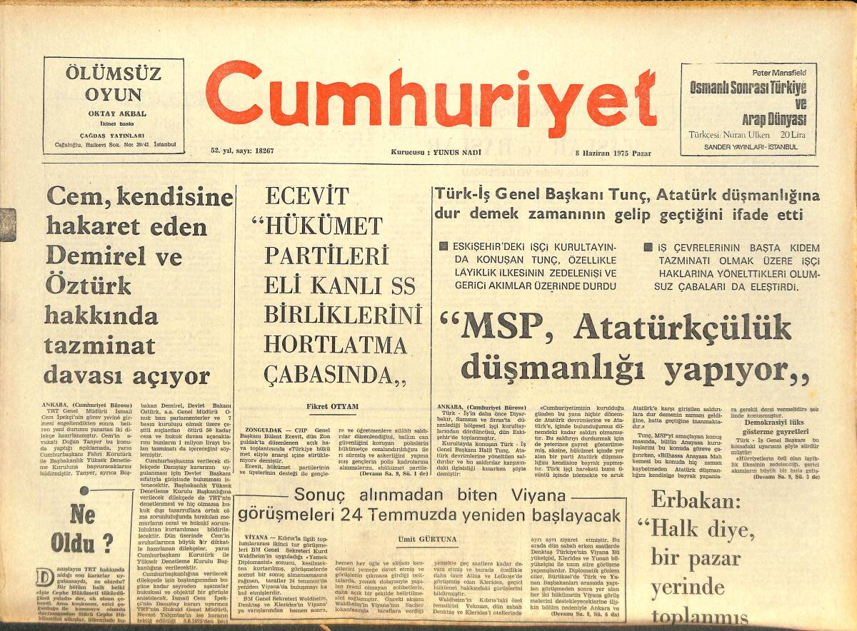 Cumhuriyet Gazetesi 8 Haziran 1975 - MSP, Atatürkçülük Düşmanlığı Yapıyor - TRT'NİN Taşları Kimin Başına Yağacak? GZ143551 - 1