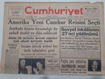 Cumhuriyet Gazetesi 8 Kasım 1944 - Amerika Yeni Cumhur Reisini Seçti GZ71852 - 1