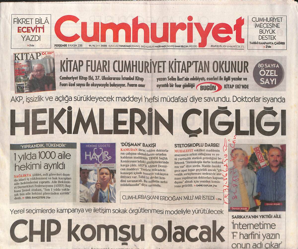 Cumhuriyet Gazetesi 8 Kasım 2018 - Hekimlerin Çığlığı - Trump'a Sarı Kart - 10 Kasım'ı Ertelediler GZ135386 - 1