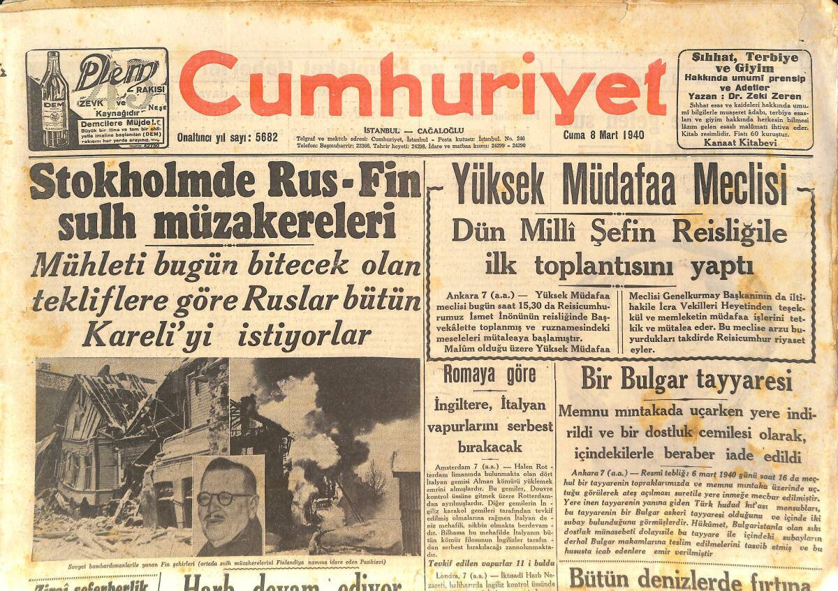Cumhuriyet Gazetesi 8 Mart 1940 - Bir Alman Tayyaresi Daha Düşürüldü - Nicolas Horty - Müttefikler Denizlere Hakim GZ146631 - 1
