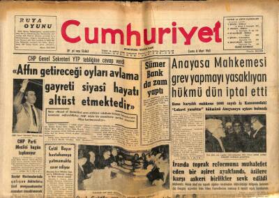 Cumhuriyet Gazetesi 8 Mart 1963 - Anayasa Mahkemesi Grev Yapmayı Yasaklıyan Hükmü Dün İptal Etti GZ90229 - 1