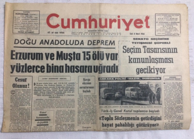 Cumhuriyet Gazetesi 8 Mart 1966 - Doğu Anadoluda Deprem Erzurum Ve Muşta 15 Ölü - GZ19211 - 1
