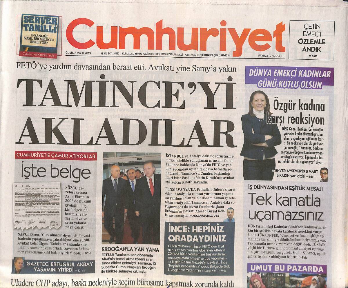 Cumhuriyet Gazetesi 8 Mart 2019 - Ahmet Kural ve Sıla Duruşmada - Ali Koç'tan Müjde GZ135501 - 1