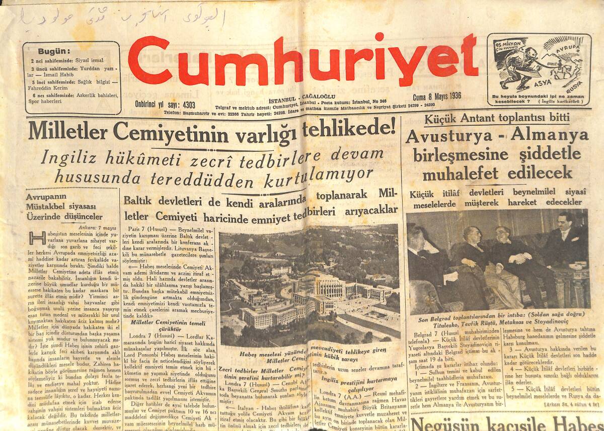 Cumhuriyet Gazetesi 8 Mayıs 1936 - Milletler Cemiyetinin Varlığı Tehlikede! - Türkkuşu Münasebetine İzmir'de Yapılan Merasim GZ141835 - 1