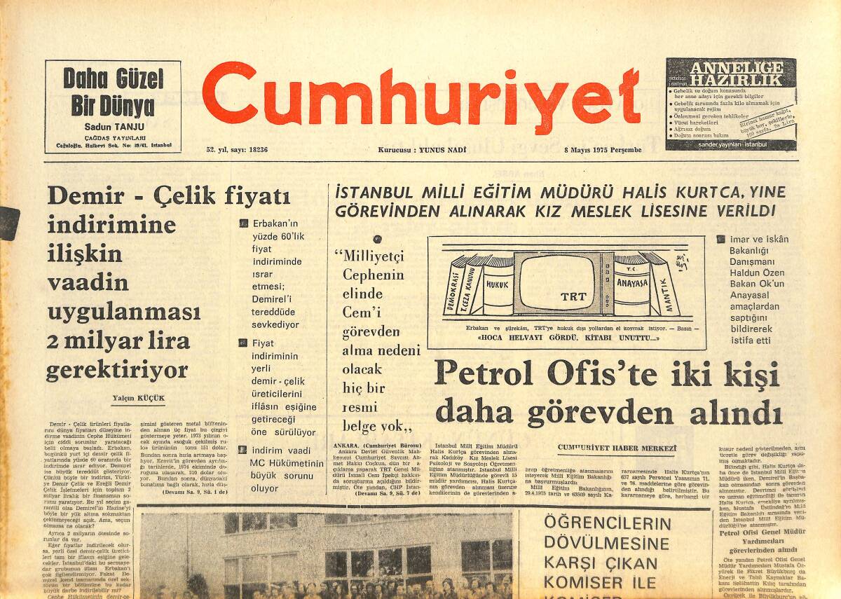 Cumhuriyet Gazetesi 8 Mayıs 1975 - Muhammed Ali Clay Karateci Mi Boksör Mü? - Gişe Rekorlarını Kıran Bir Türk Filmi: Hababam Sınıfı GZ143617 - 1
