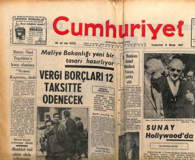 Cumhuriyet Gazetesi 8 Nisan 1967 - Sunay Hollywoodda GZ103167 - 2