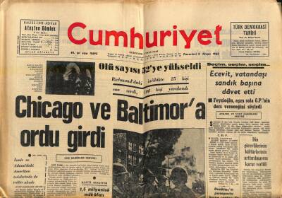 Cumhuriyet Gazetesi 8 Nisan 1968 - Chicago Ve Baltimora Ordu Girdi - Seyfi Öztürk Tunusa Gitti GZ121321 - 1