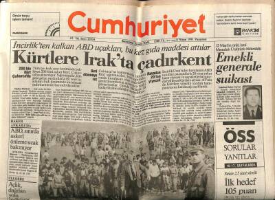 Cumhuriyet Gazetesi 8 Nisan 1991 - 200 Bin Kürt Çukurcada GZ62185 - 2
