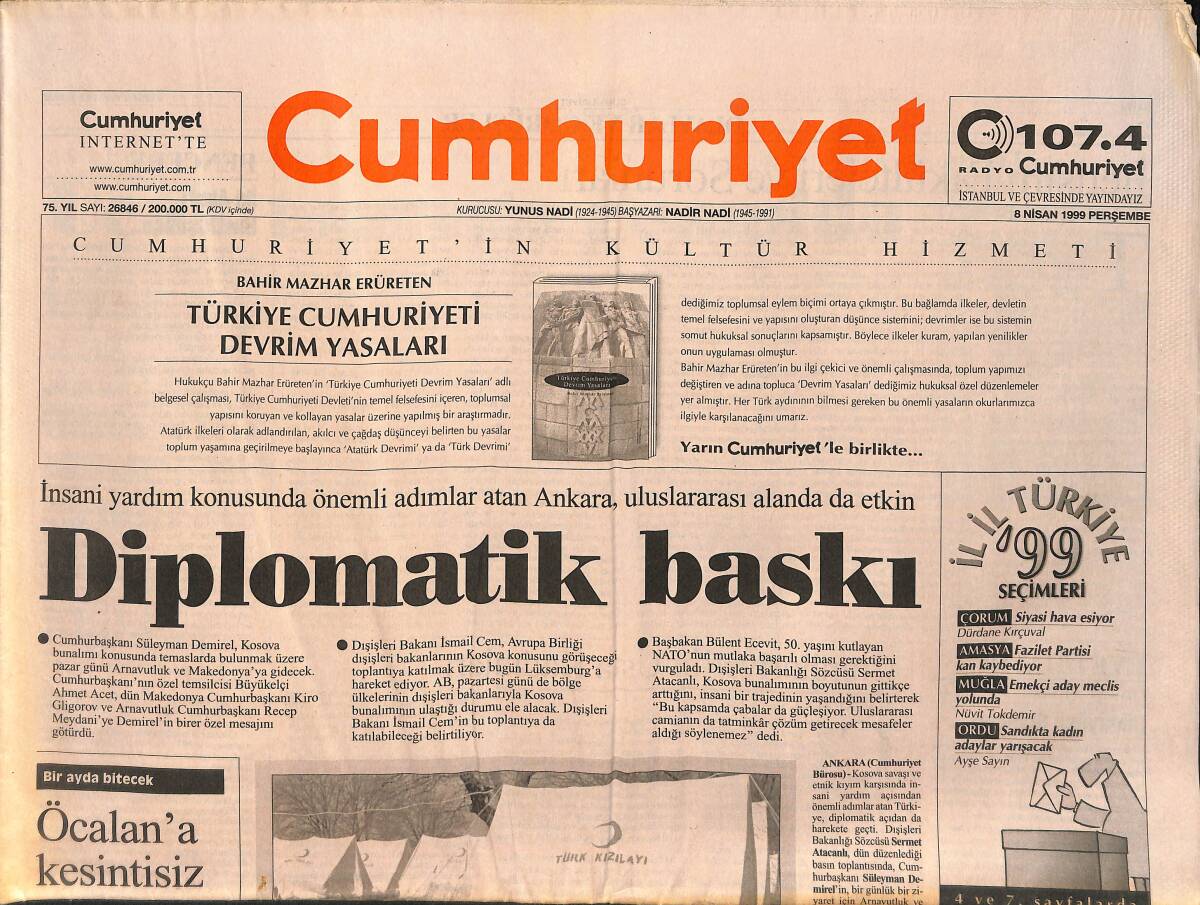 Cumhuriyet Gazetesi 8 Nisan 1999 - Hollywood'un Kraliçesi Paltrow - Doğu Perinçek'e Özgürlük İstendi GZ154674 - 1