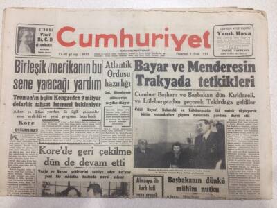Cumhuriyet Gazetesi 8 Ocak 1951 - Bayar Ve Menderesin Trakya Tetkikleri GZ52658 - 1