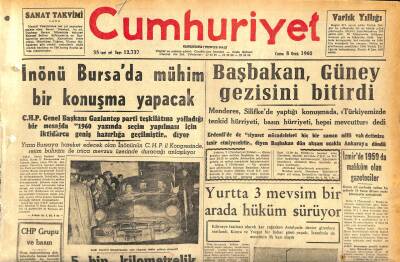 Cumhuriyet Gazetesi 8 Ocak 1960 - Eisenhower Dün Yıllık Nutkunu Kongrede Verdi - Başbakan , Güney Gezisini Bitirdi GZ119957 - 1