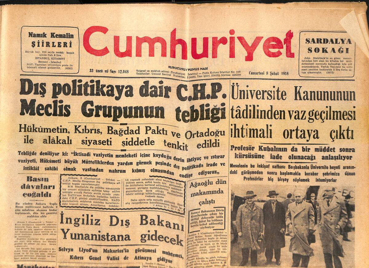 Cumhuriyet Gazetesi 8 Şubat 1958 - İngiliz Dış Bakanı Yunanistan'a Gidecek - Mecliste Dün Sendikalarla Alakalı Tartışmalar Oldu! GZ139231 - 1