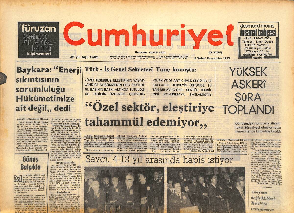Cumhuriyet Gazetesi 8 Şubat 1973 - Özel Sektör, Eleştiriye Tahammül Edemiyor - Fenerbahçe Spartak İle Yenişemedi GZ143773 - 1