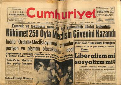 Cumhuriyet Gazetesi 8 Temmuz 1962 - Hükümet 259 Oyla Meclisin Güvenini Kazandı GZ58970 - 1