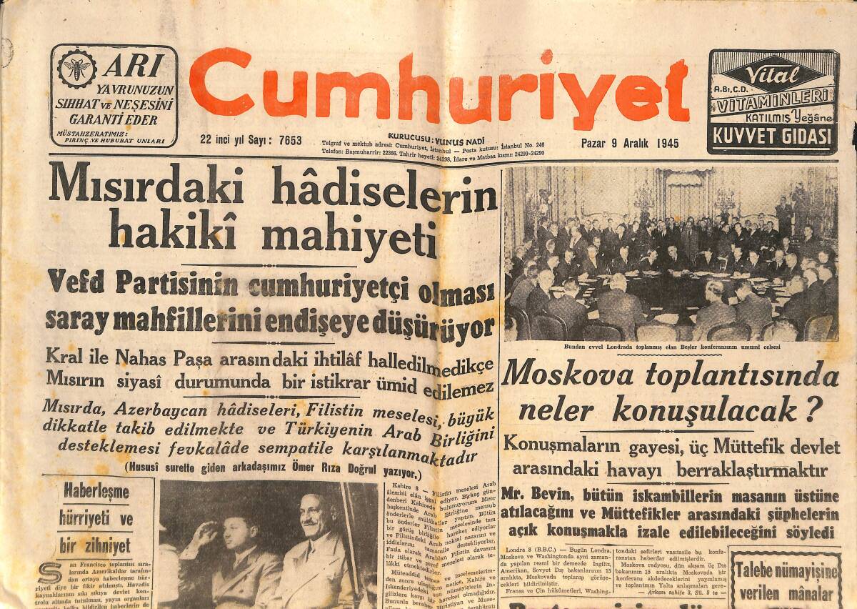 Cumhuriyet Gazetesi 9 Aralık 1945 - Mısır'daki Hadiselerin Hakiki Mahiyeti - Galatasaray Yunan Takımını 4-1 Yendi GZ146568 - 1