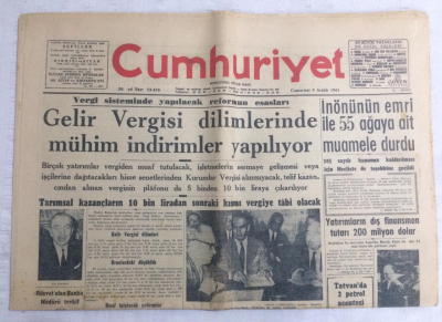 Cumhuriyet Gazetesi 9 Aralık 1961 - Gelir Vergisi Dilimlerinde Mühim İndirimler Yapılıyor - GZ19085 - 1