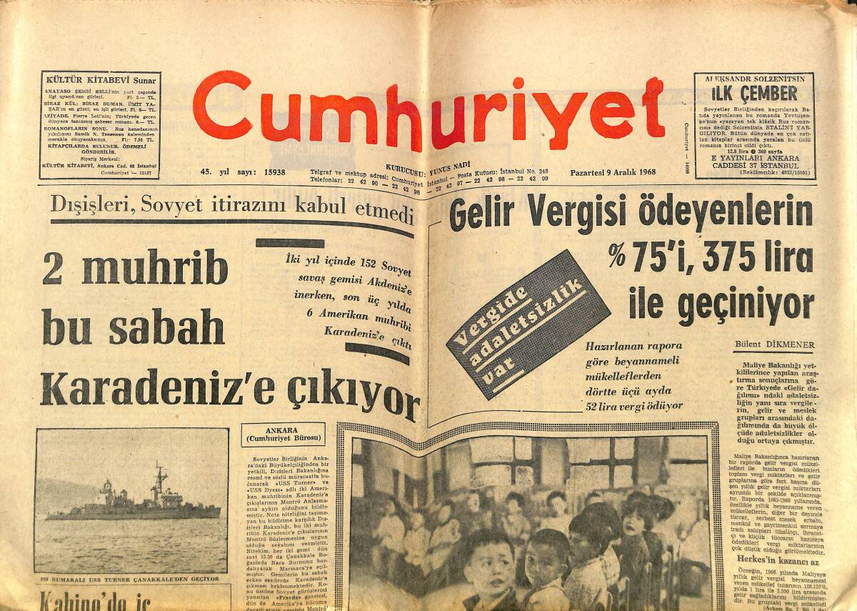 Cumhuriyet Gazetesi 9 Aralık 1968 - 2 Muhrip Bu Sabah Karadeniz'e Çıkıyor - Arnavutluk, Kızıl Çin'e Adriyatik Üs Verdi GZ140002 - 1