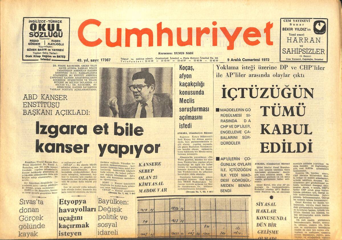 Cumhuriyet Gazetesi 9 Aralık 1972 - İçtüzüğün Tümü Kabul Edildi - Resneli Çiftliği Davası Açılmamış Sayıldı! GZ142644 - 1