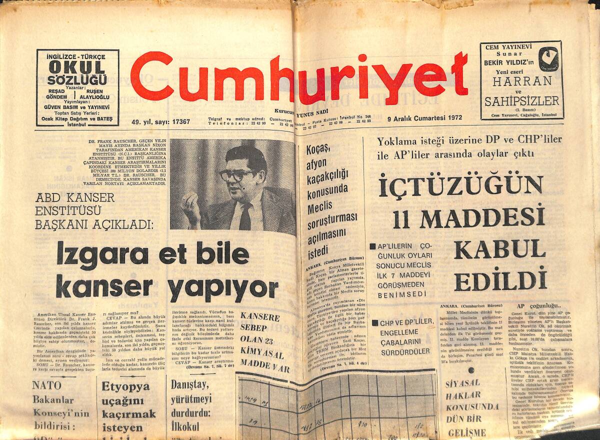 Cumhuriyet Gazetesi 9 Aralık 1972 - Resneli Çiftliği Davası Açılmamış Sayıldı - İçtüzüğün 11 Maddesi Kabul Edildi! GZ139923 - 1