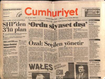 Cumhuriyet Gazetesi 9 Aralık 1990 - Ordu Siyaset Dışı, Savaşa İncirlik Senaryosu GZ55544 - 1