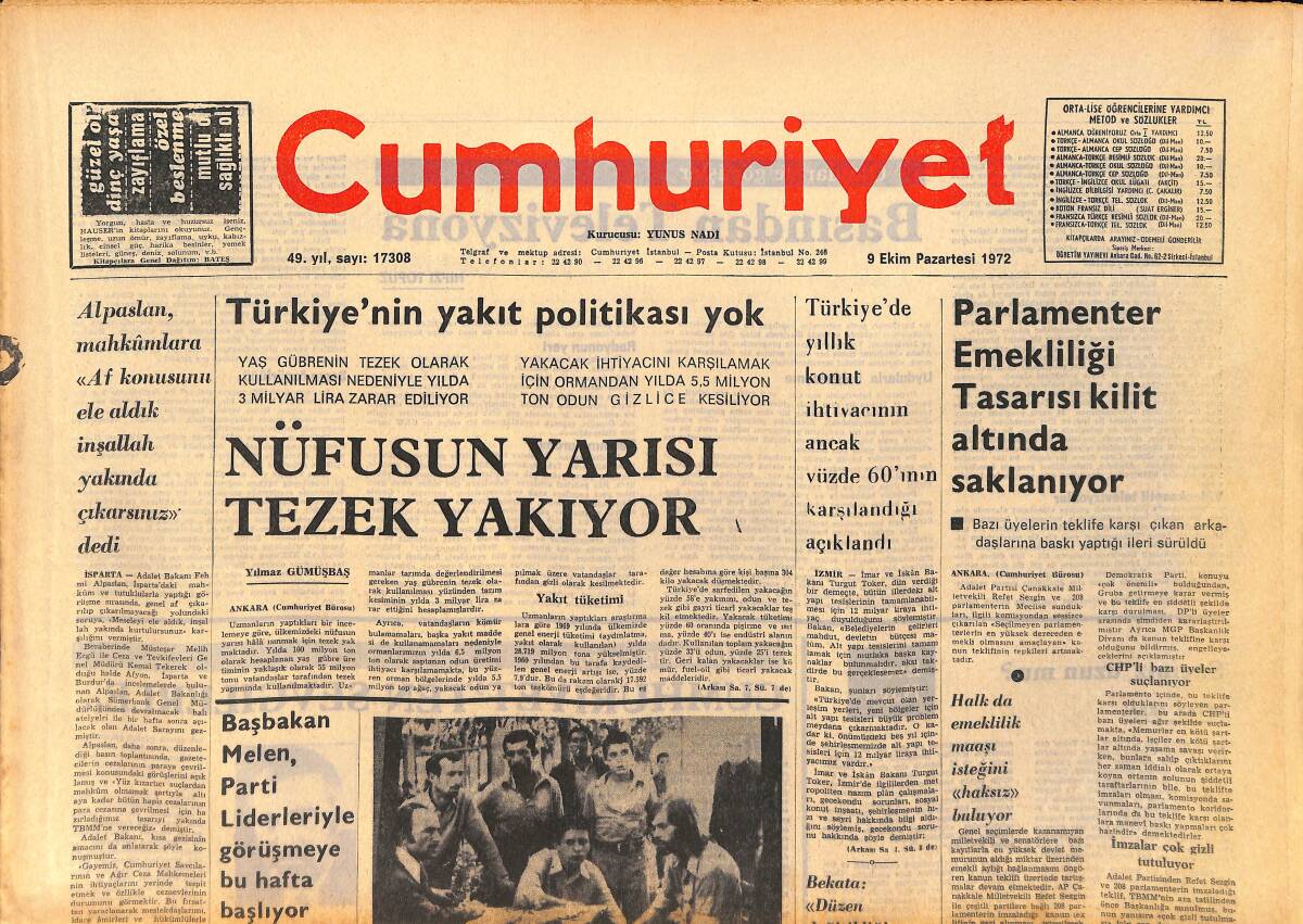 Cumhuriyet Gazetesi 9 Ekim 1972 - Timothy Ankara'ya Gönderildi - Nüfusun Yarısı Tezek Yakıyor GZ159162 - 1
