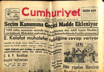Cumhuriyet Gazetesi 9 Eylül 1957 - Seçim Kanununa Geçici Madde Ekleniyor GZ59323 - 1