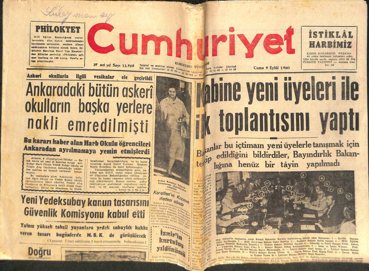Cumhuriyet Gazetesi 9 Eylül 1960 - Kaabine Yeni Üyeleri İle İlk Toplantısını Yaptı - Müşterek Pazara Girmek İçin Çalışmalar Hızlandı GZ141911 - 1