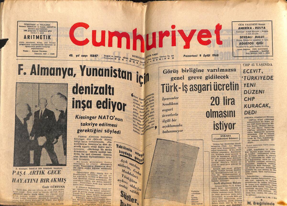 Cumhuriyet Gazetesi 9 Eylül 1968 - Paşa Artık Gece Hayatını Bırakmış - Sacha Distel'in İlginç Görüşleri GZ148949 - 1