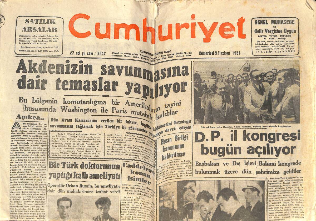 Cumhuriyet Gazetesi 9 Haziran 1951 - D.P. İl Kongresi Bugün Açılıyor - Milli Takım İsveç'te Bir Antrenman Yaptı GZ142027 - 1
